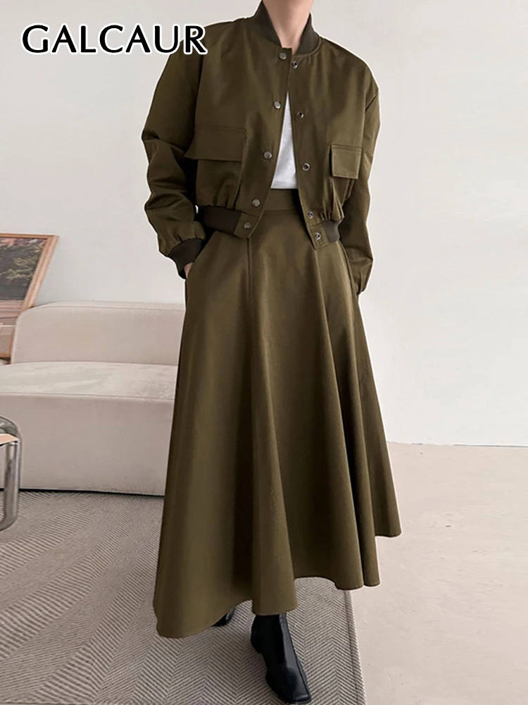 

GALCAUR Korean Two Piece Sets For Women Stand Collar Long Sleeve Single Breasted Coat High Waist A Line Skirt Solid Set Female