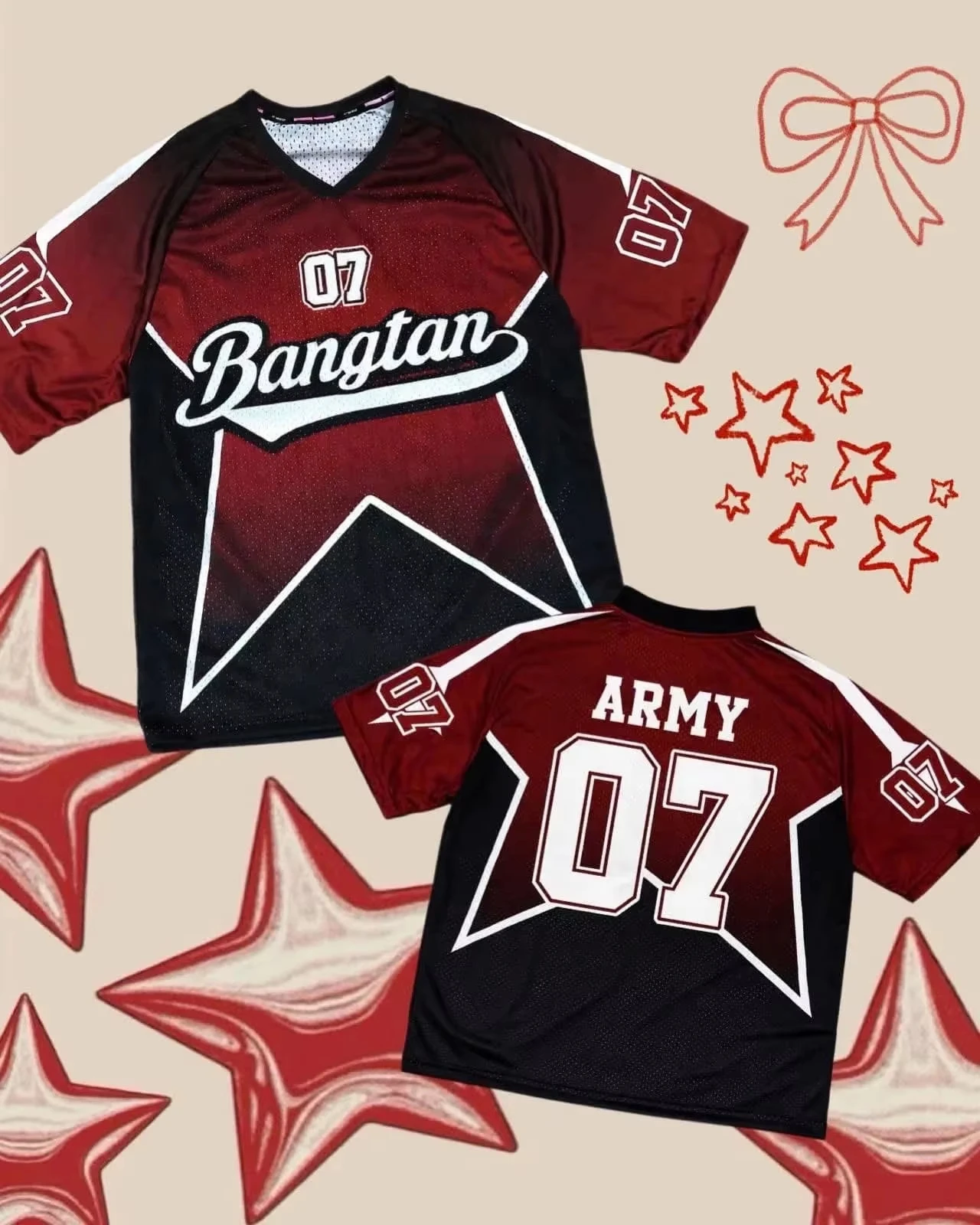 Kpop BTS Bangtan ARMY 07 Red Black Gradient Star Print Mesh Jersey Short Sleeve Streetwear Top for Men Women Family Matching