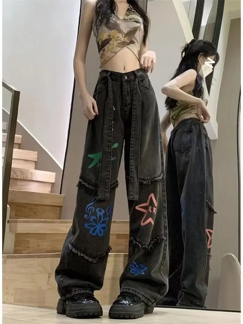 

China-Chic Ins Design Sense Star Printed Jeans Women's Autumn High Waist Loose Slim Raw Edge Straight Leg Pants