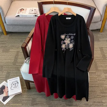 155Kg Plus Size Women's Bust 160 Autumn Winter Long O-Neck Long Sleeved Rhinestone Sweater Dress 4XL 5XL 6XL 7XL 8XL 9XL
