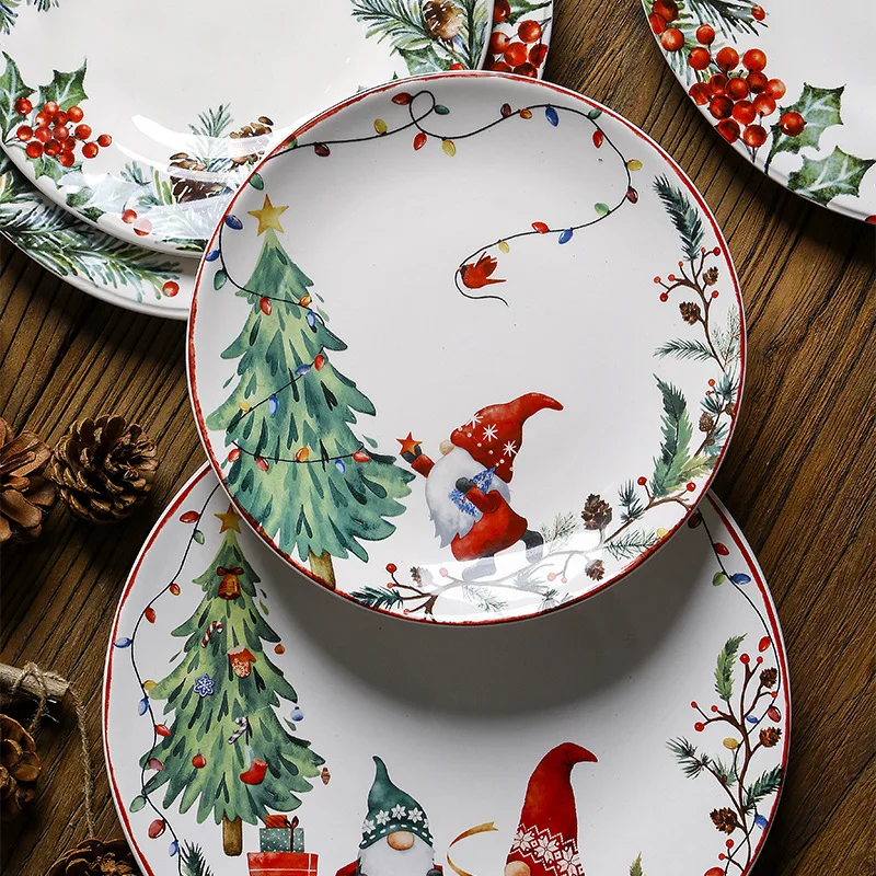 Creative Christmas Ceramic Plate For Dinner Round Breakfast Fruit Snack Dessert Dish Household Santa Claus Tableware
