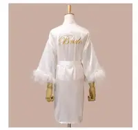 Women FEATHER Bride Bridesmaid Wedding Robe Satin Kimono Bathrobe Gown Nightwear Embroidery Letter Nightgown V-Neck Lingerie - Image 2