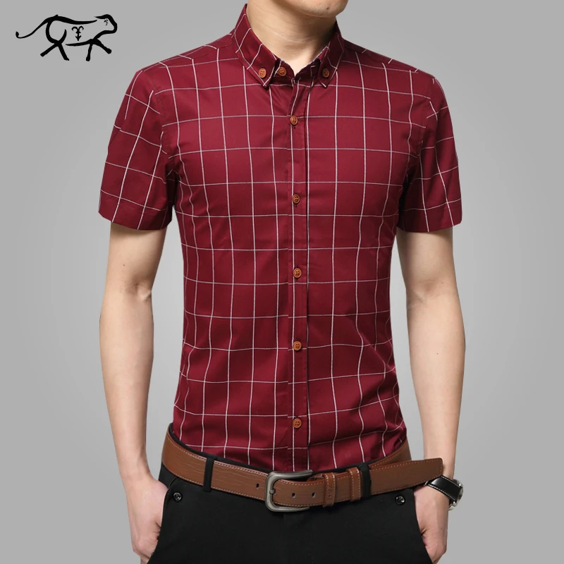 Men Short Sleeve Shirts Plus Size M-5XL Cotton Plaid Casual Slim Fit Striped