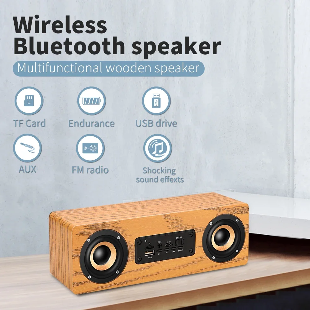 

10W Soundbar Wireless BT V5.0 TWS Powerful Stereo Wooden Speaker Music Subwoofer Computer TF FM Radio For Home PC