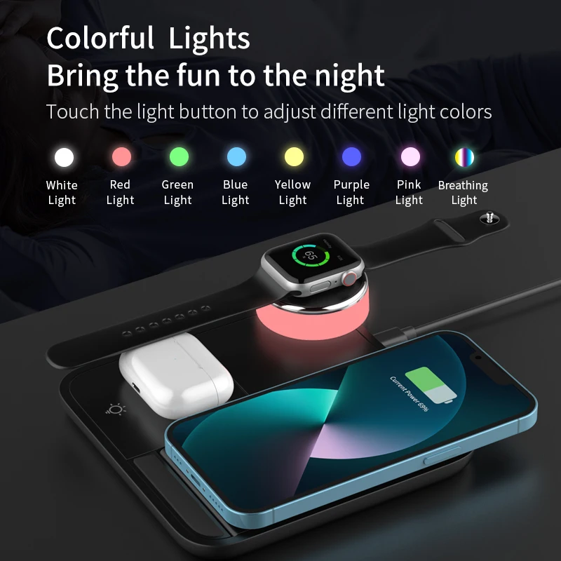 New 4 in 1 Wireless Charging Station with LED Light Qi for Iphone Huawei Xiaomi Airpods Iwatch Freebuds Magnetic Fast Charge