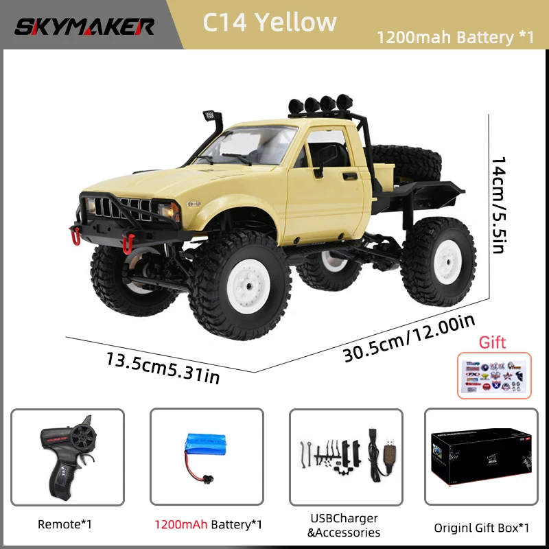 ミニオフロードrcトラック,wpl c14,1:16, 2.4g,2ch,4wd,メタルシャーシ