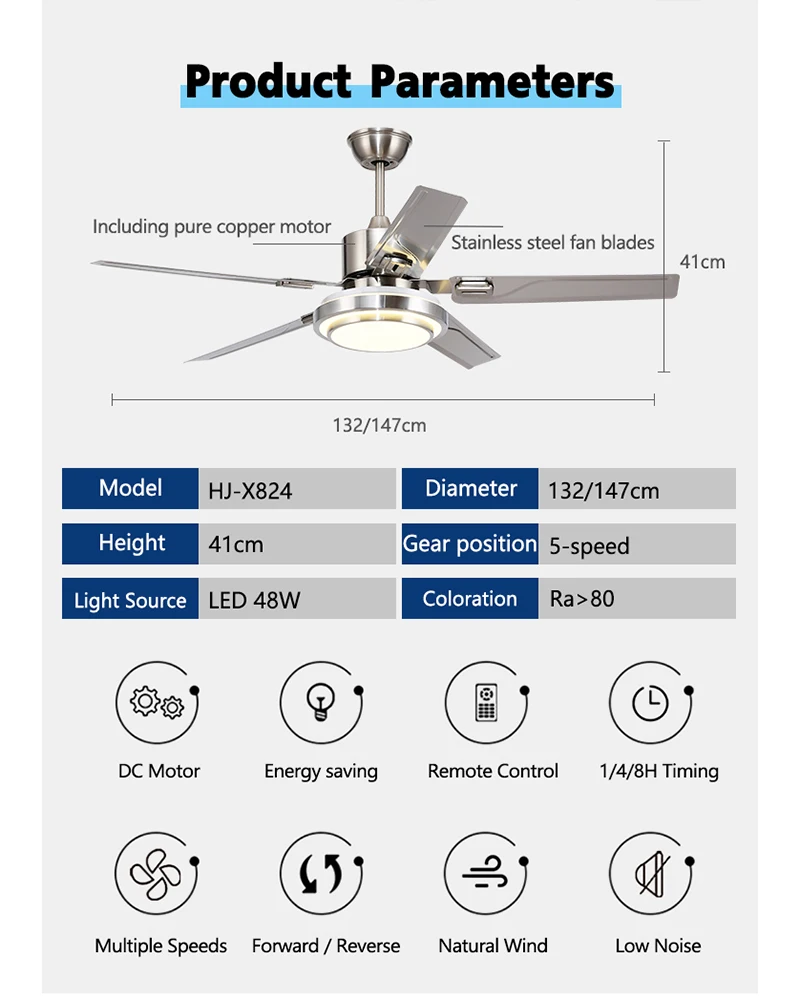 42/48/52/58inch 5 Stainless Steel Blade DC 35W Pure Copper motor Ceiling Fan with 48 LED Light and Remote Control Ceiling Fans