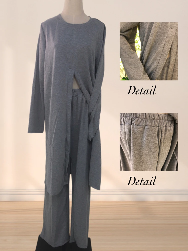 

Two Piece Set Women Outfit 2023 Solid Round Neck Long Sleeved Slit Casual Pant Sets for Women 2 Pieces Multicolor and Business