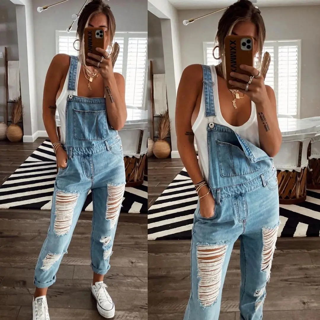 

Women's Fashion Jeans Bib Overalls Adjustable Straps Distressed Ripped Denim Denim Pants