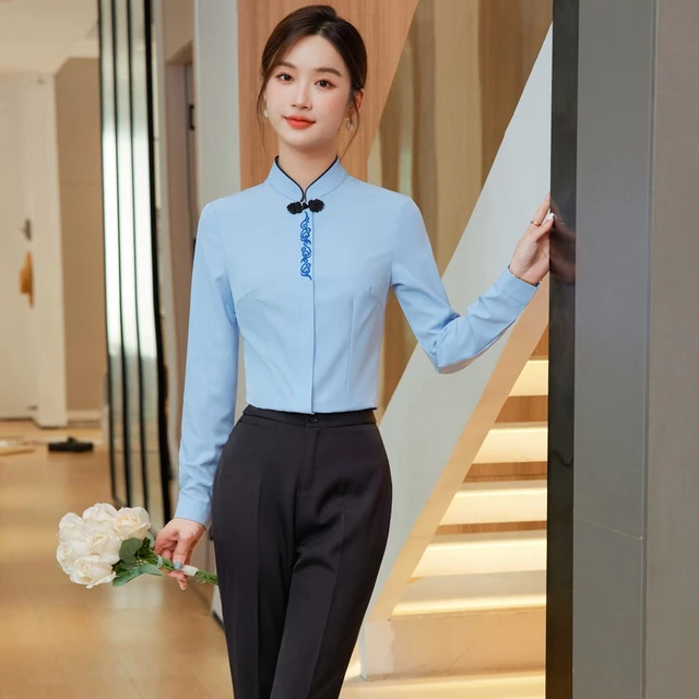 Fashion Women Blouses & Shirts Sky Blue Long Sleeve Office Ladies