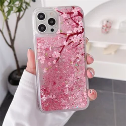 Pink Peach Blossom Quicksand Case with Love Heart Sparkles and Floral Design - iPhone 12 Pro (Above Peach Blossom)