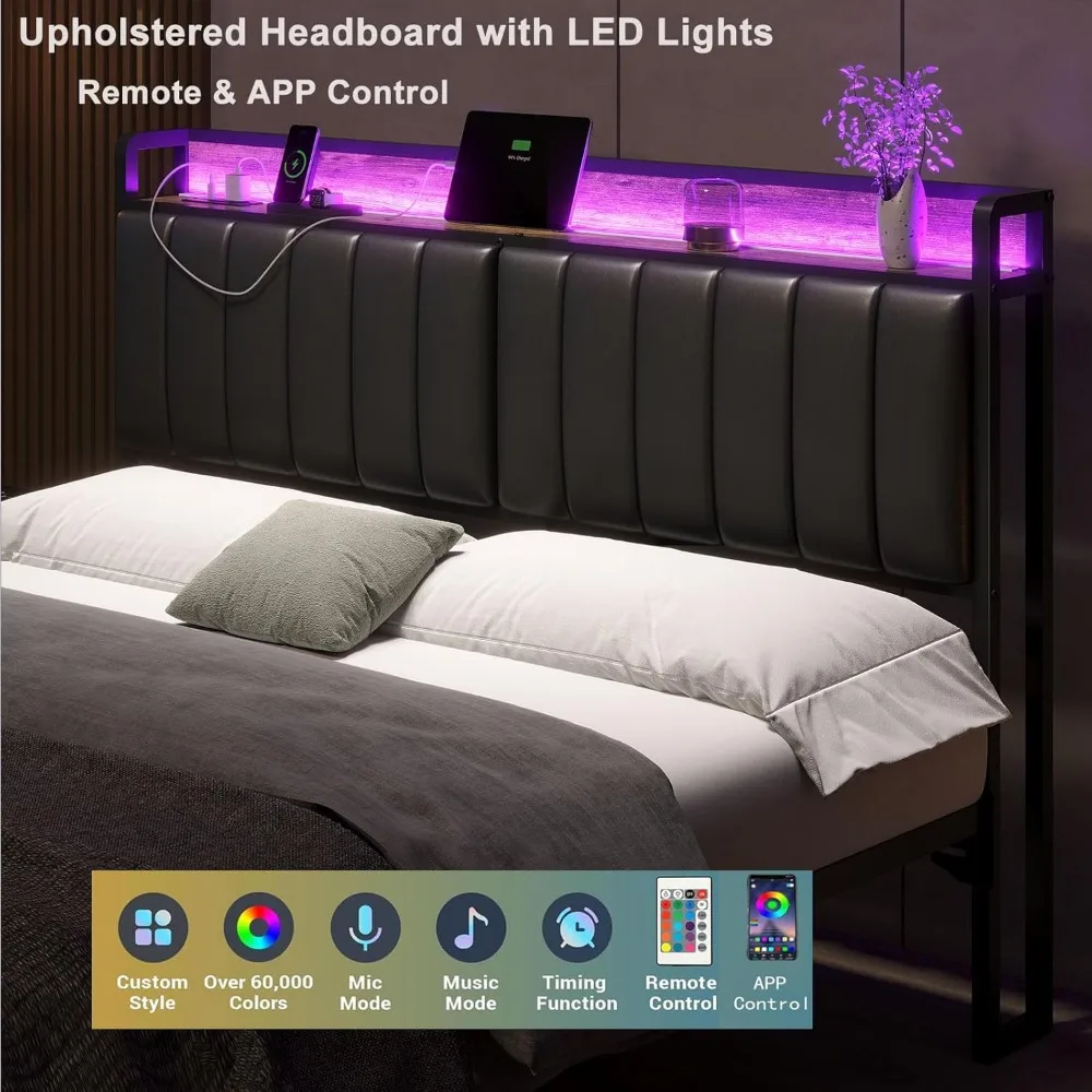LED Cal King Size Upholstered Headboard with Charging Station, Cal King Storage Headboard Height Adjustable, Black PU Upholstery