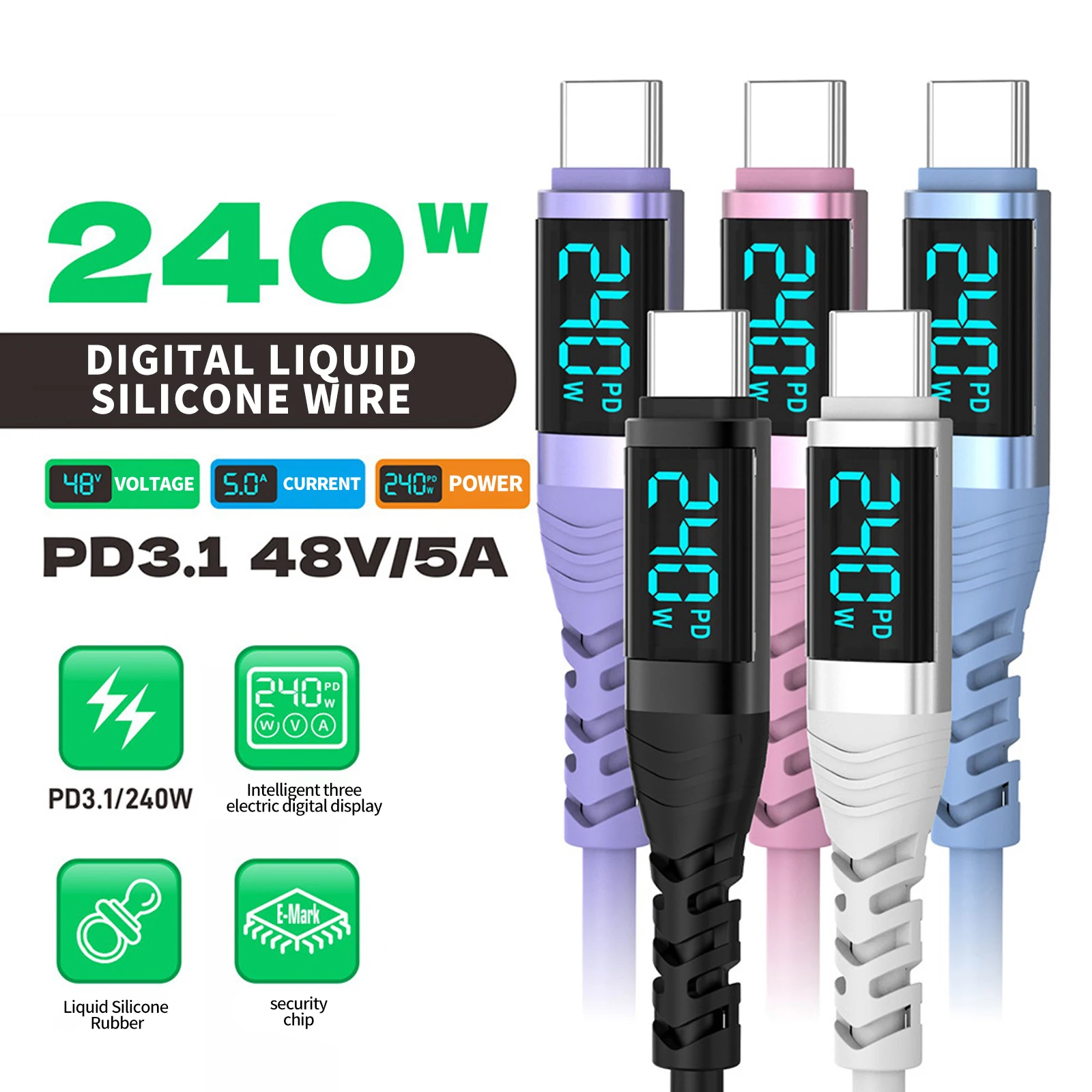 High-Power 240W USB-C Charging Cable with Smart LED Display and E-Marker Chip