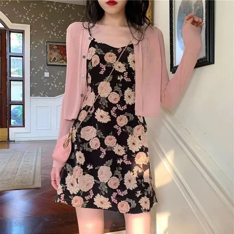 2024 Summer New Large Women's French Floral Camisole Dress Pink Cardigan Two-piece Set Western Style Set Dress Sets