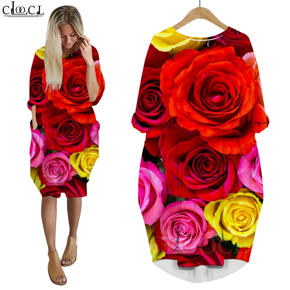 

CLOOCL Mid Dresses Romantic Valentine's Day Gift Women's Dress Long Sleeve Loose Dress Rose 3D Printing Evening Party Vestidos