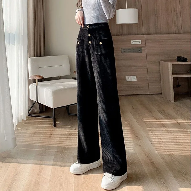 2023 New Chenille Wide-leg Pants Women Spring Autumn High-waisted Slim Straight Trousers Corduroy Loose Versatile Slacks
