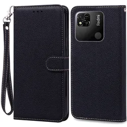 Luxury Leather Wallet Flip Case - Premium Silicone TPU Shell for Redmi 10A (Black -Strap)