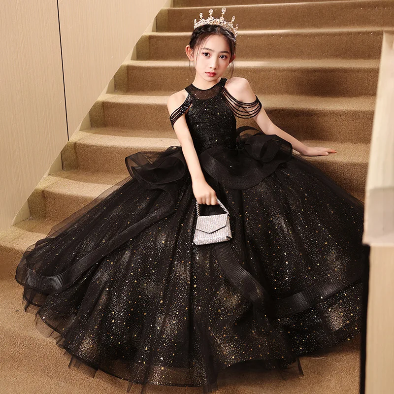 

Black Sparkly Beading Girls Pageant Gown Tulle Junior Bridesmaid Dresses Flower Girls Dress Birthday Party Ball Gown 12 14 years