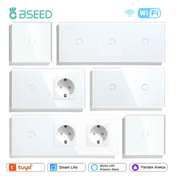 BSEED Wifi 1/2/3Gang Smart Touch Switches 1/2/3Way Wall Light Switches Tuya Smart Life App Control Plus Sockets EU Standard