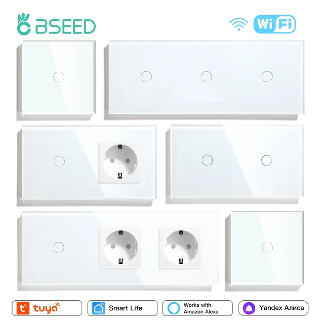 BSEED Wifi 1/2/3Gang สมาร์ทสวิทช์สัมผัส 1/2/3Way Wall Light Switches Tuya Smart Life App Control Plus ซ็อกเก็ต EU มาตรฐาน 1