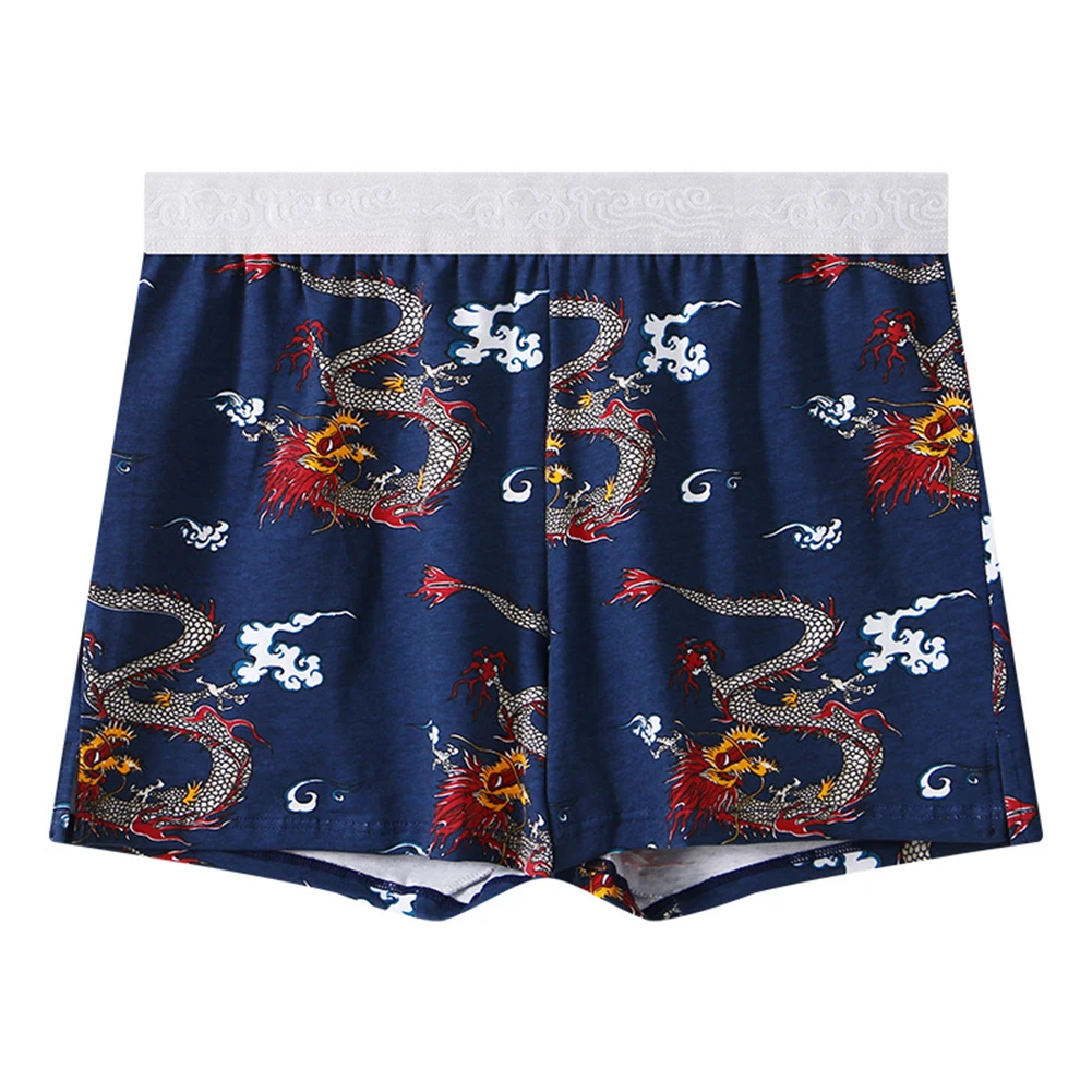 Mens Cotton Comfortable Soft Boxer Briefs Dragon Printed Underwear Middle Waist Panties Breathable Casual Shorts Loose Homewear