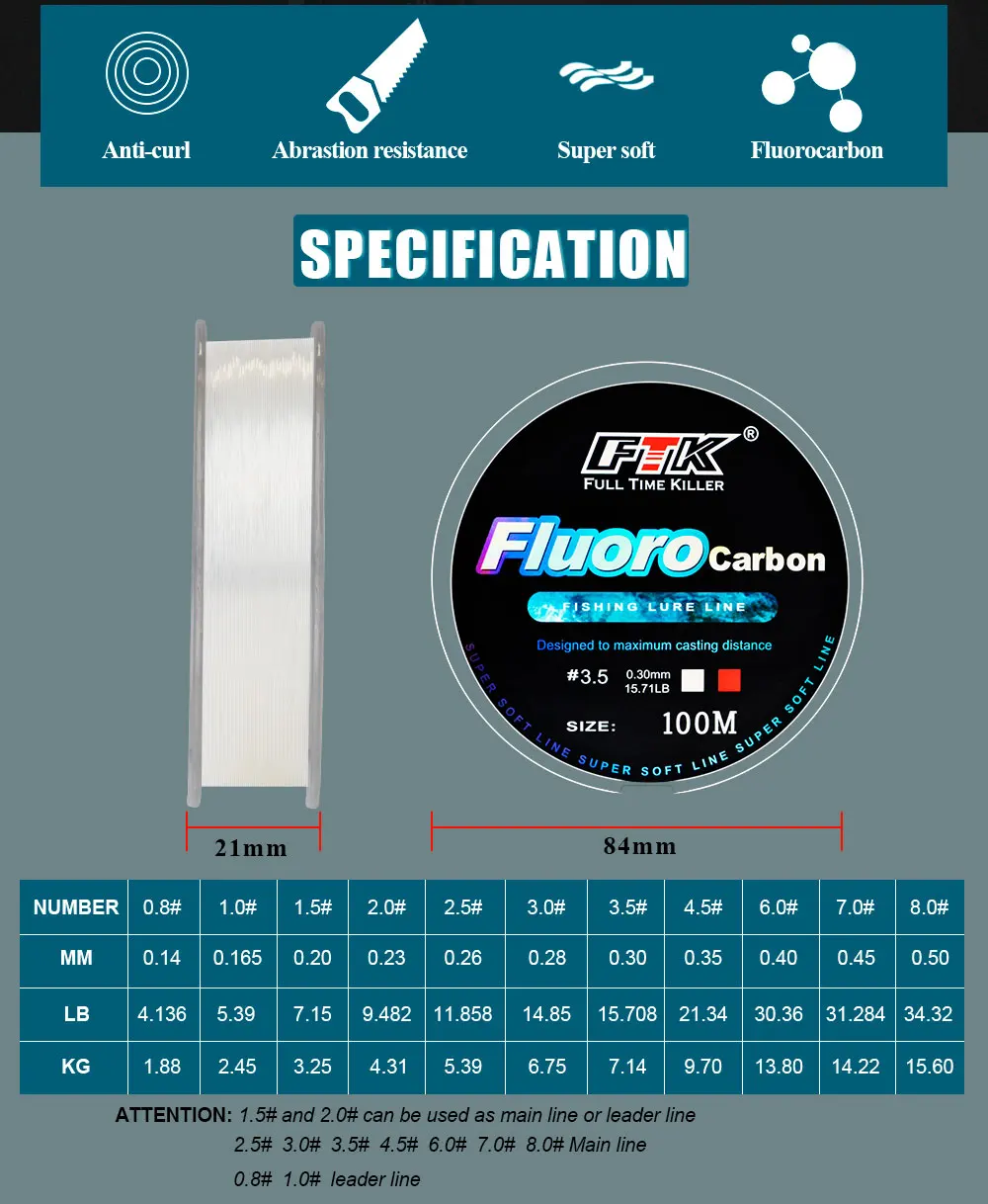 FTK 100M Fluorkohlenstoff Beschichtung Angelschnur 0,14 MM-0,50 MM 4,136 LB-34,32 LB Carbon Faser Führer Angeln Locken Draht Linie Japan – Detail 2