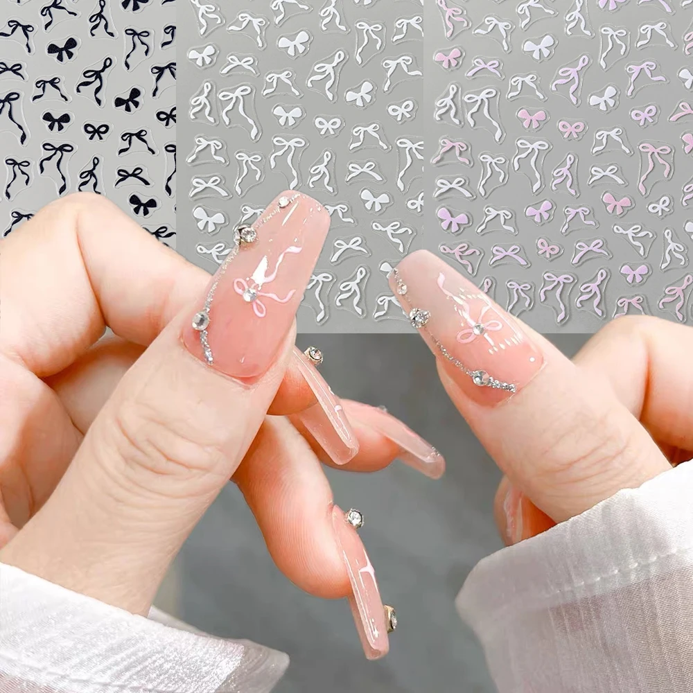 Kawaii 5D Sweet Bow Nail Stickers Pink Black White Long Ribbon Bowknot Self Adhesive Nail Art Stickers DIY Manicure Decor Decals 2