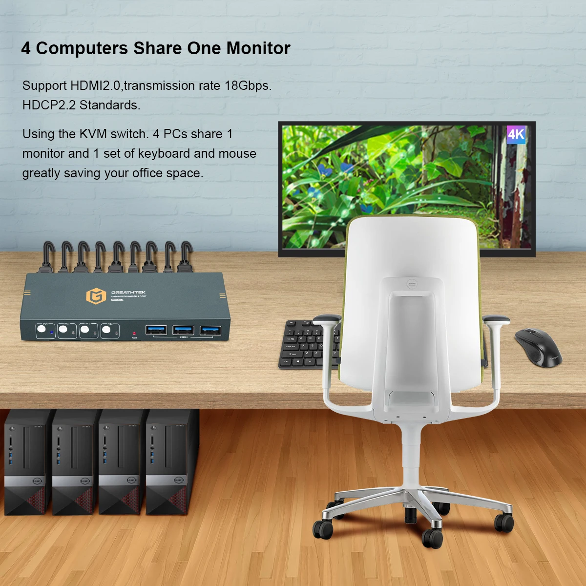 KVM 스위치 USB HDMI 스위처, 4 개 컴퓨터 공유, 4K 60Hz, 1 HD 모니터 및 3 USB 장치, 키보드 마우스 프린터, USB3.0