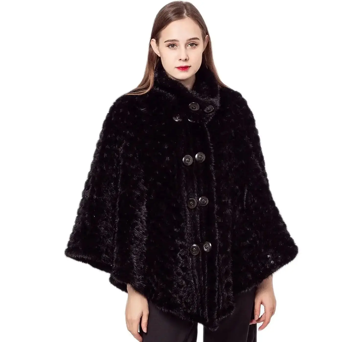 

Luxury Knitted Mink Fur Shawl For Dinner Party 210723 Button Pullover Women Stole Black Long Cape