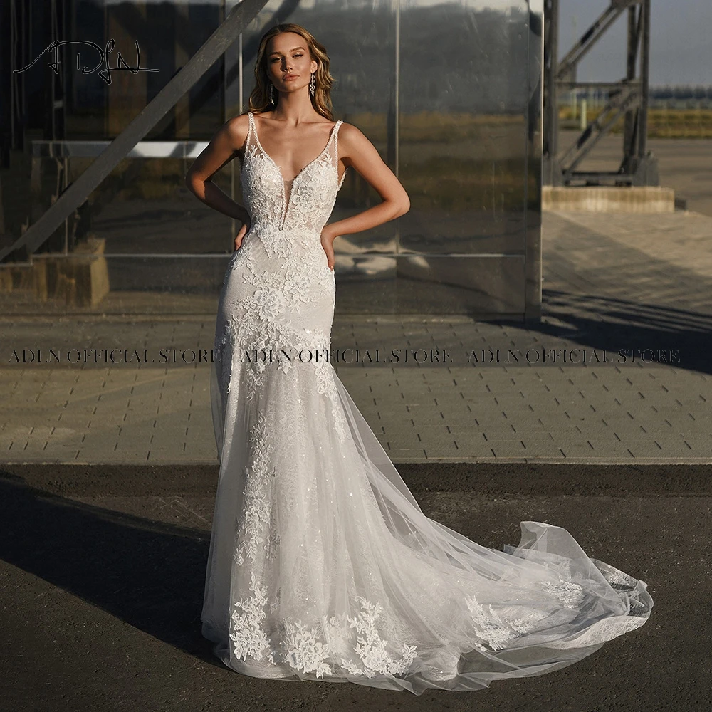 Chic V-neck Lace Mermaid Wedding Dresses Customized Backless Court Train Beaded Civil Bridal Gown Bohemian Vestido de Noiva 4
