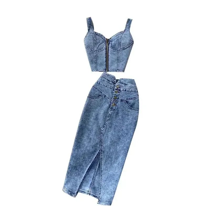 Women's Denim 2-Piece Set, Korean Style Summer Top Camis & Midi Skirt, Elegant Matching Outfit, Fashion Two-Piece Dress