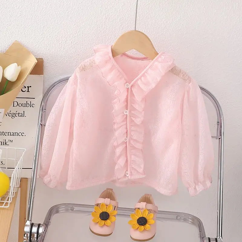 

2024 Summer new Girls Blouse hooded Button Solid Color Screw Thread Casual Loose Spliced Ruffles Sunscreen Long Sleeve Shirt
