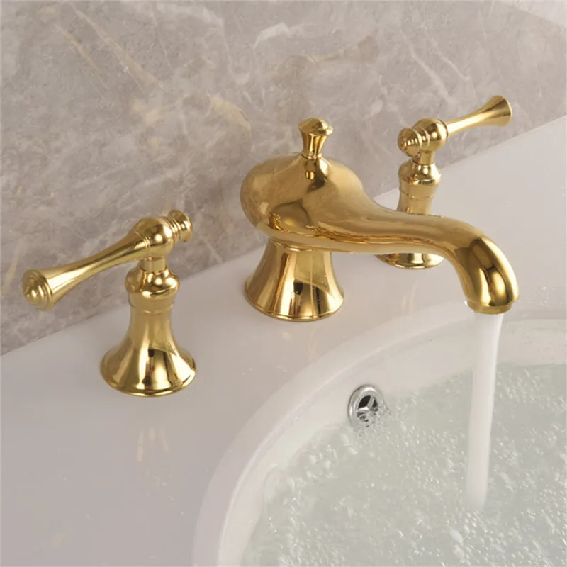 

Tuqiu Basin Faucets Total Brass Widespread Bathroom Faucet Gold Sink Faucets 3 Hole Hot And Cold Waterfall Faucet Water Tap