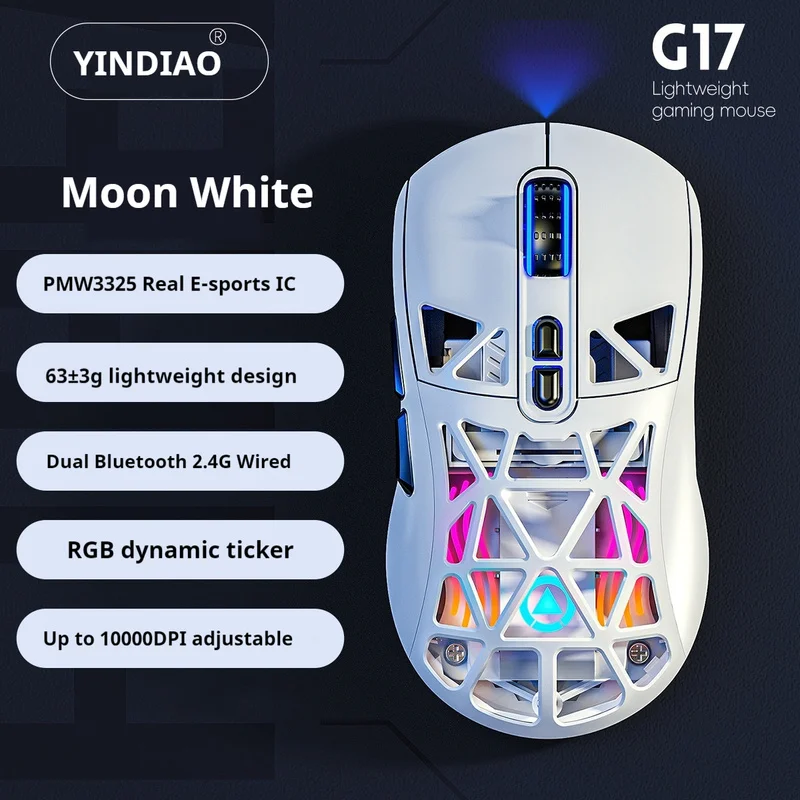 G17 Lightweight Tri-Mode Wireless Hollow Mouse Pmw3325 Professional Sensor Large Capacity Long Range Gaming Office