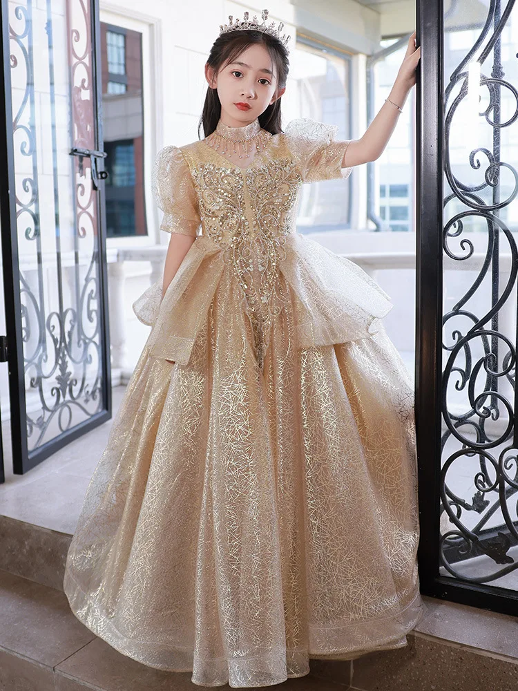 Off the Shoulder Gold Sequin Ball Gown for Child FD1959K – Viniodress