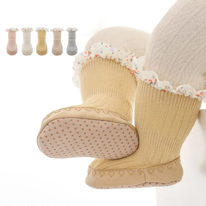 

Baby Shoes Lace 2023 Spring Autumn Newborn Girls First Walkers Shoes Rubber Sole Anti-slip Infant Toddler Indoor Floor Socks