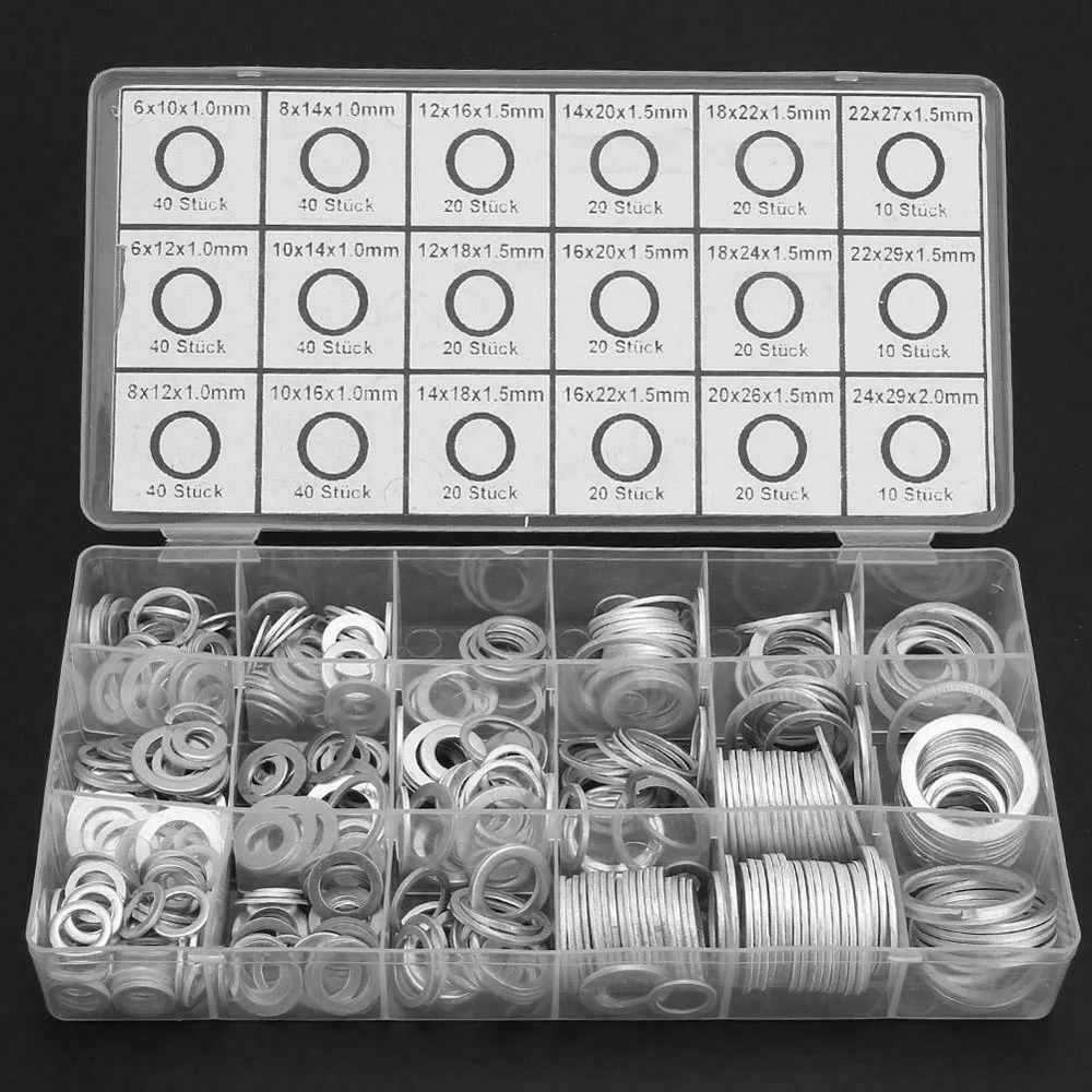 

450/280/200Pcs Gaskets Washers Gasket Aluminum Flat Metal Washer Gasket Assorted Aluminum Sealing Rings set With Box