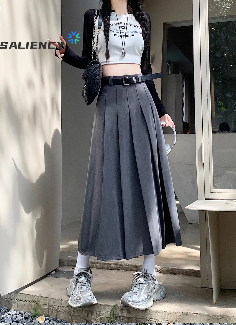 

Korean Fashion Gray College Style Bustier Skirts for Girl Mid Long High Waist A-line Skirt Umbrella Skirt Pleated Skirt
