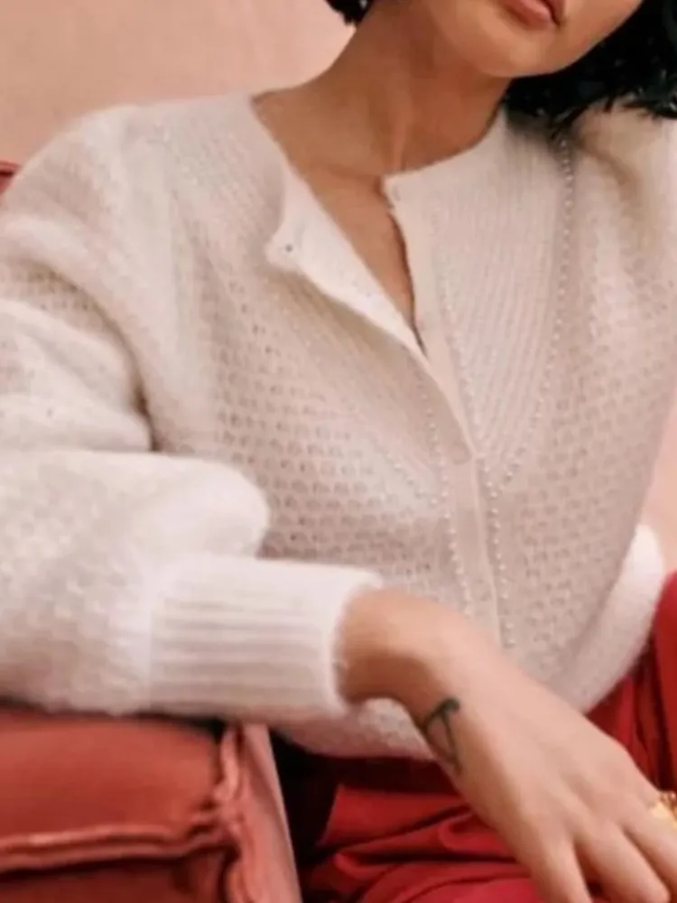 

Elegant Cardigans Sweater Women 2023 Autumn Winter Fashion Solid Knit Sweaters Button Up Puff Sleeve Casual Loose Chic Knitwear