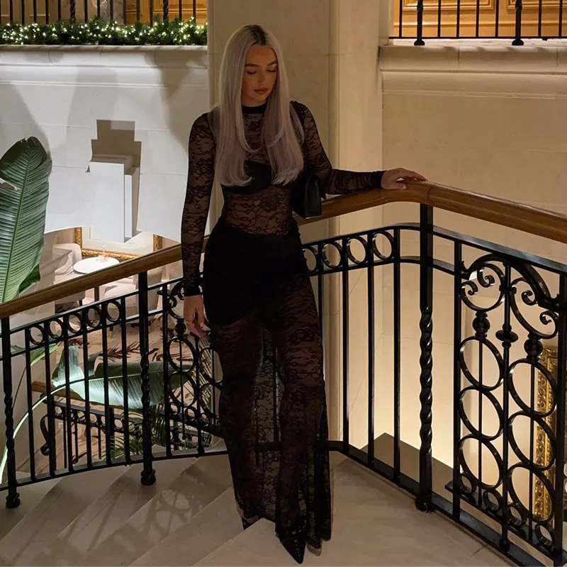 Vestidos largos sexis de encaje con retazos para mujer, vestido de fiesta ajustado con cuello alto y aberturas, vestido transparente ajustado para primavera 2025, nuevo
