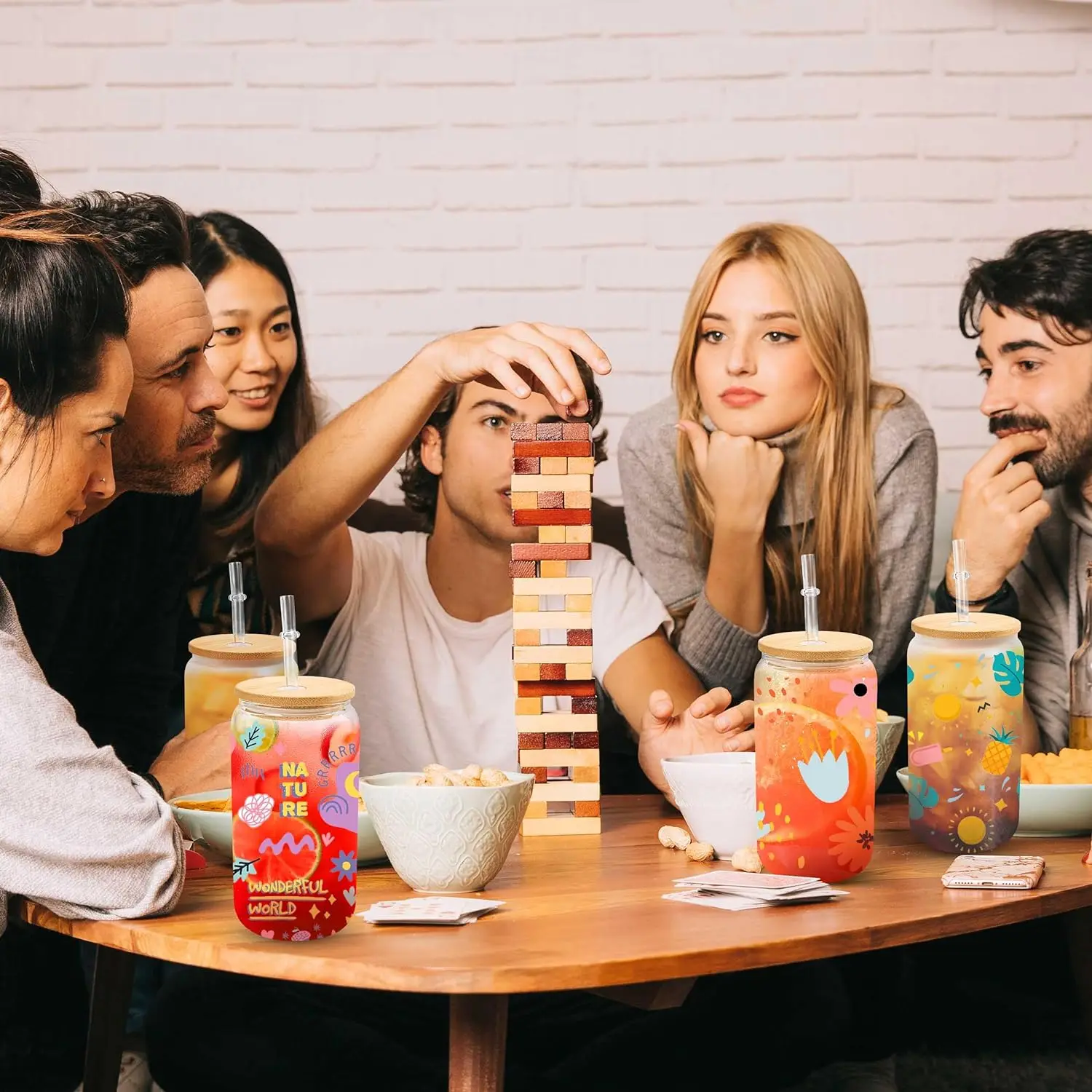 أكواب زجاجية شفافة بغطاء من الخيزران ، شكل برطمان ماسون للقهوة المثلجة والعصير والصودا وغيرها ، فراغات التسامي ، 16 أونصة ، 20 أونصة