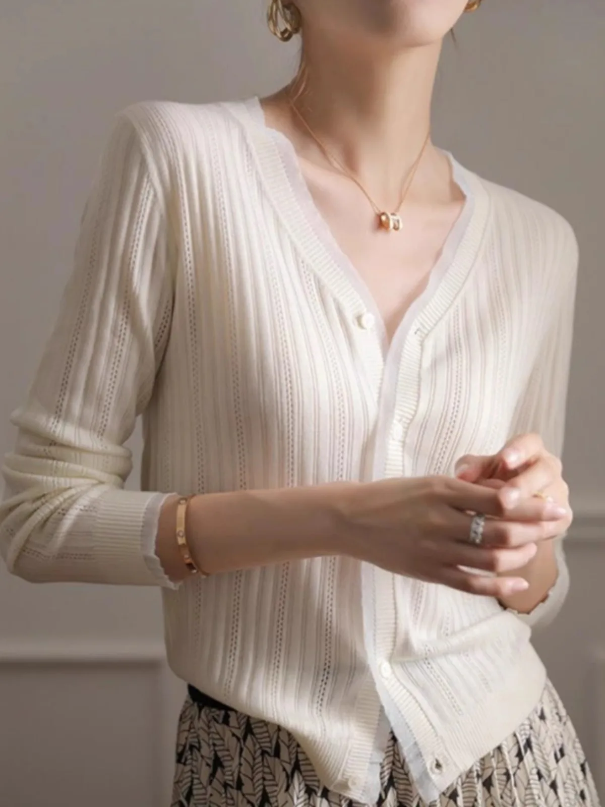 여성 레이스 브이넥 캐시미어 니트 가디건, 슬림한 울 코트, 우아한 용수철