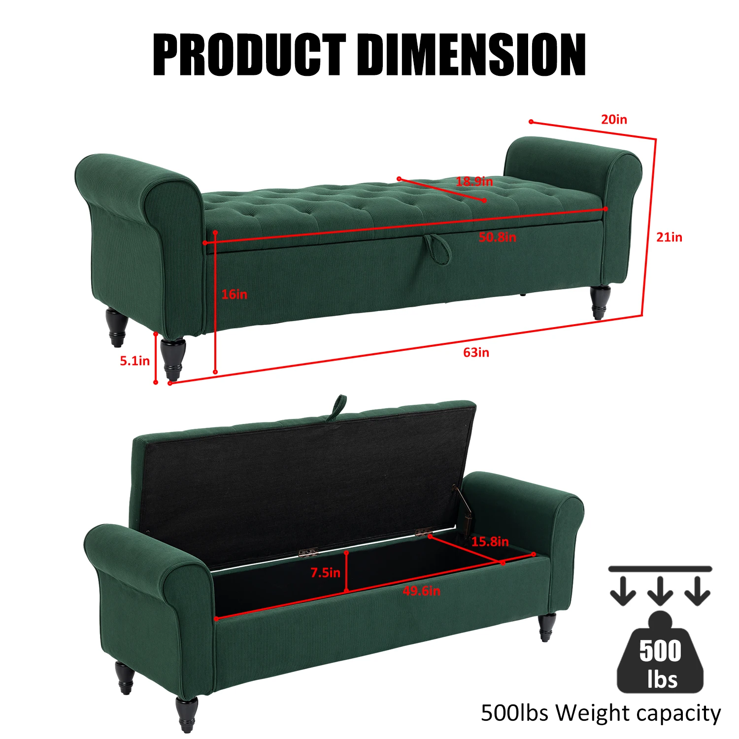 63’’ Upholstered Tufted Storage Ottoman Bench – End of Bed Storage for Bedroom & Living Room 4