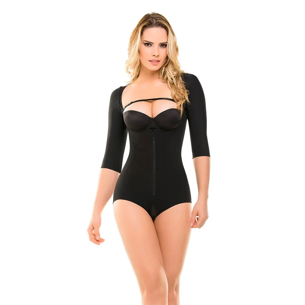 

Half-Sleeves Butt Lifting Shaping Bodysuit Zipper Open Crotch Compression Garment for Women Shaped Up Stretchy Shapewear Tummy