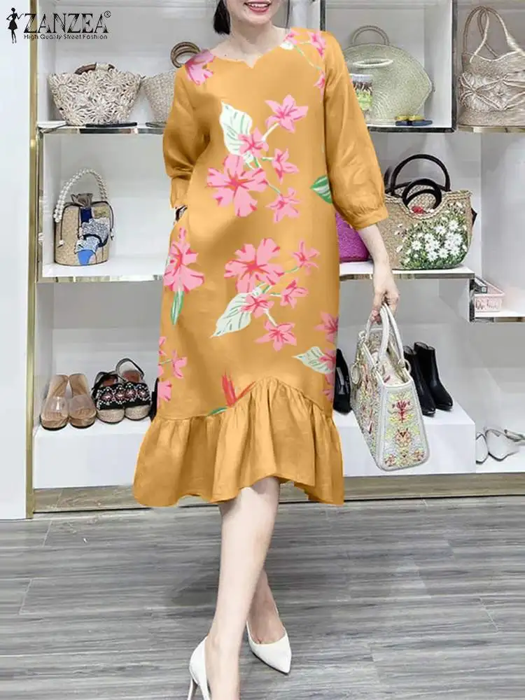 

ZANZEA Women Casual Loose Robe Floral Printing Long Dress 2024 Summer Ruffle Pleated Midi Dresses Vintage Long Sleeve Vestidos