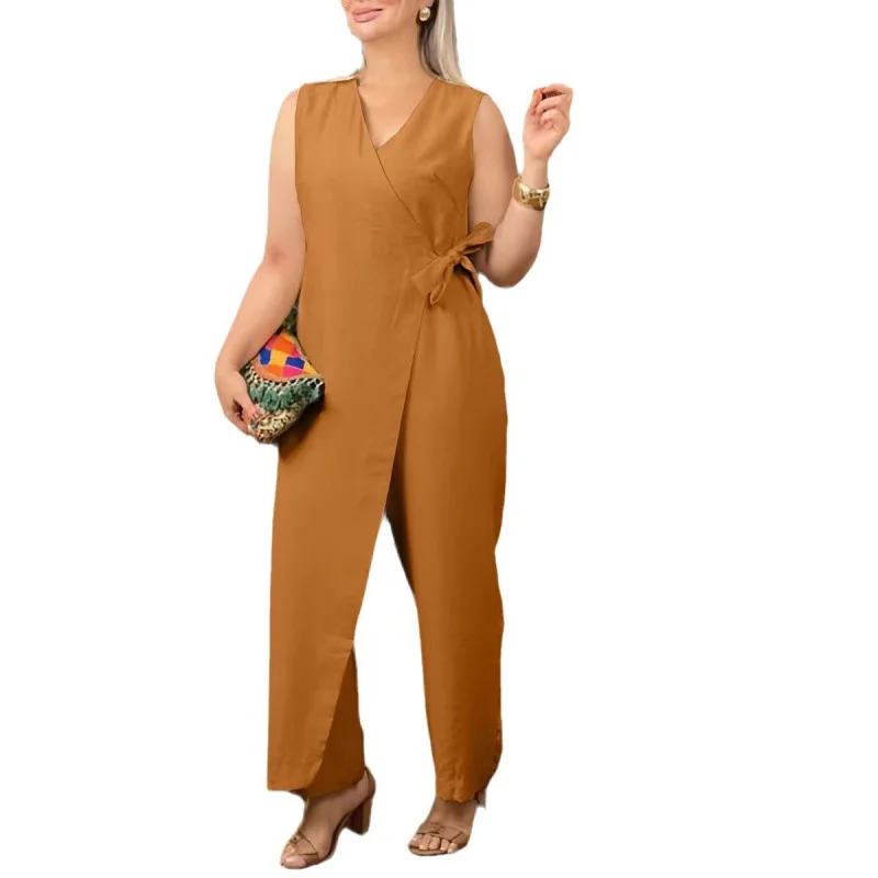 Women Summer Jumpsuits V Neck Sleeveless Wide Leg Loose Overalls
