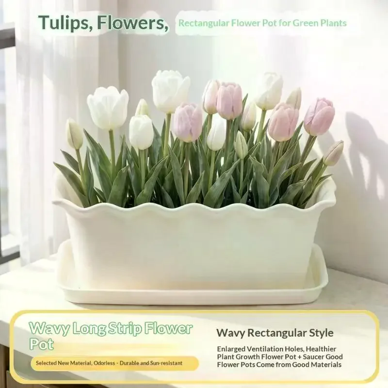 Fioriera Rettangolare con Bordo Ondulato Color Crema con Sottovaso, Spessa e Resistente ai Raggi UV, Perfetta per Balcone, Patio, Giardinaggio di Fiori ed Erbe, Casa - immagine 2