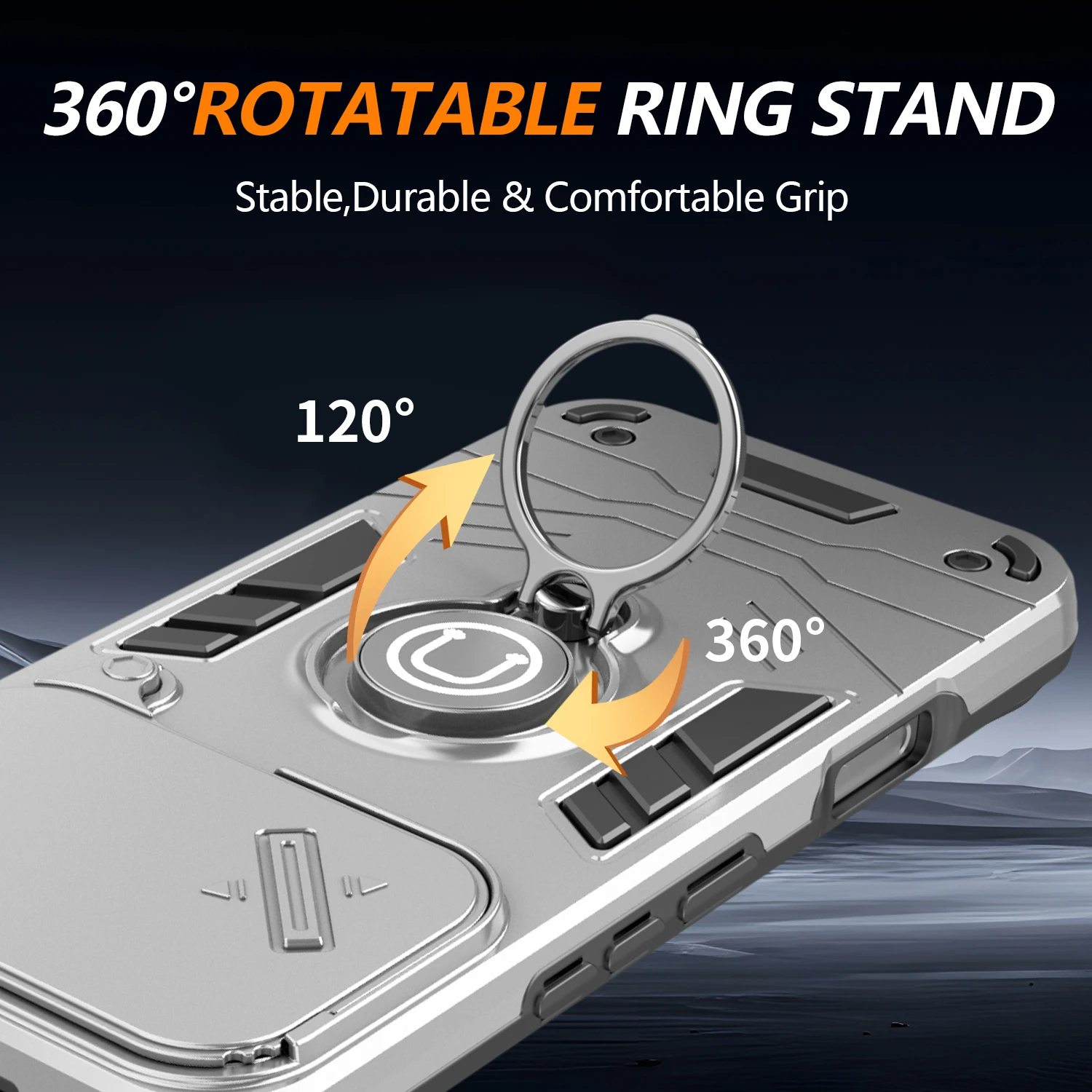 Rugged Armor Shockproof Phone Case with Sliding Window and Metal Ring Holder