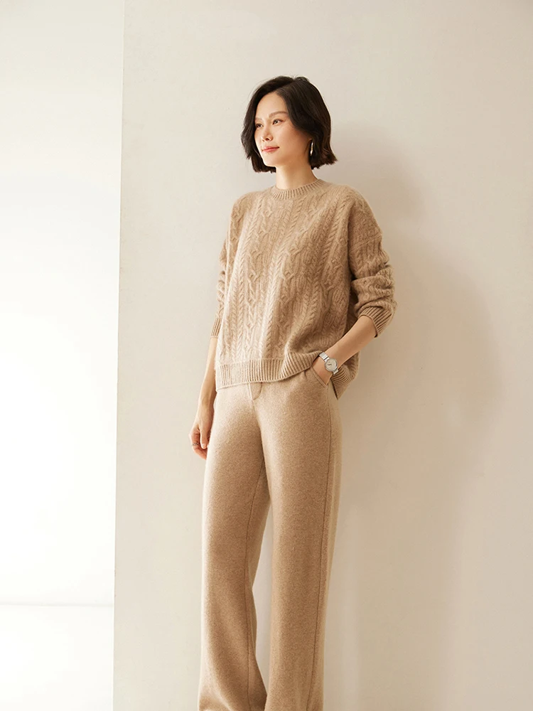 New Chic Women Cashmere Cable Knit Sweater O-neck Pullover Autumn Winter Thick Long Sleeve 100% Cashmere Knitwear Vintage Style 5