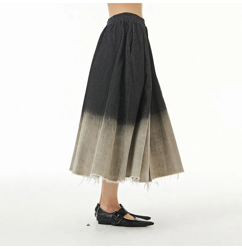 Mid Rise Tie Dye Midi A-Line Skirt  Women’s loose swing hanging cotton denim dyed original design womens pleated mid-calf bell skirts for woman in black spring summer fashion season